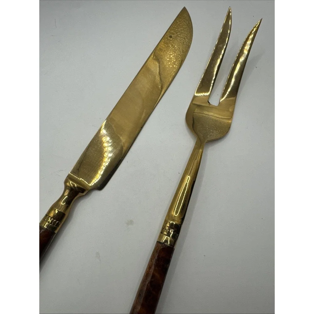 Vintage Burl wood handled carving‎ set. Gold tone.